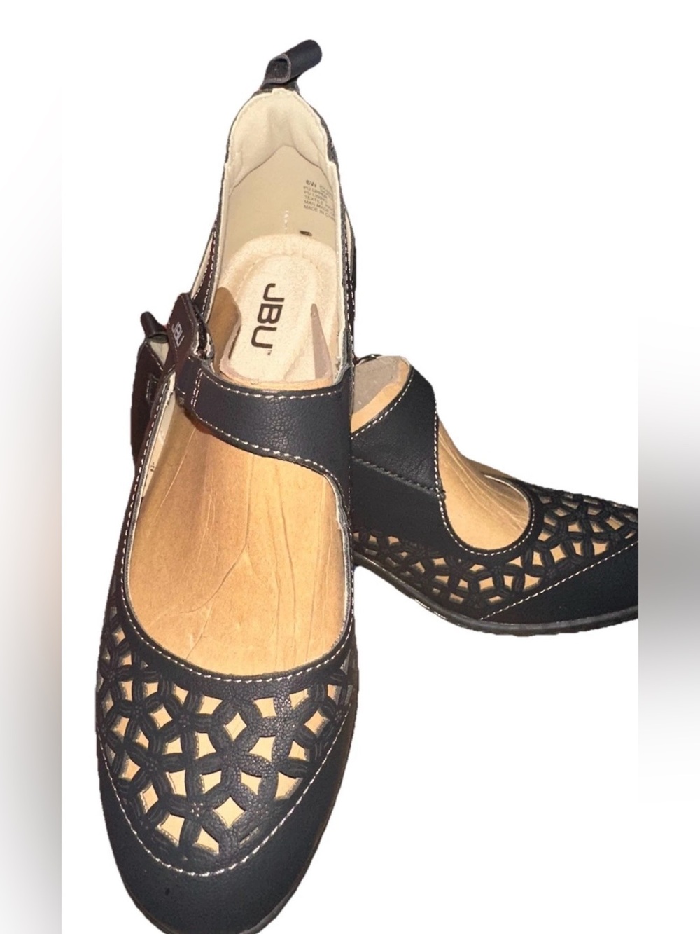 JBU Jolene Black Laser Cut Mary Jane Wedge Shoes Womens 6W arched footbed